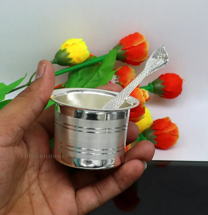 Necklaces TRIBAL ORNAMENTS Solid sterling silver handmade elegant Ghee pot patra puuja or worshipping Butter pot for kitchen silver puja utensils from India su540