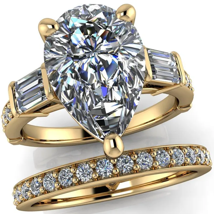 Paphos Pear Center Stone Diamond Baguette Side Channel Engagement Ring Fire Brilliance Rings