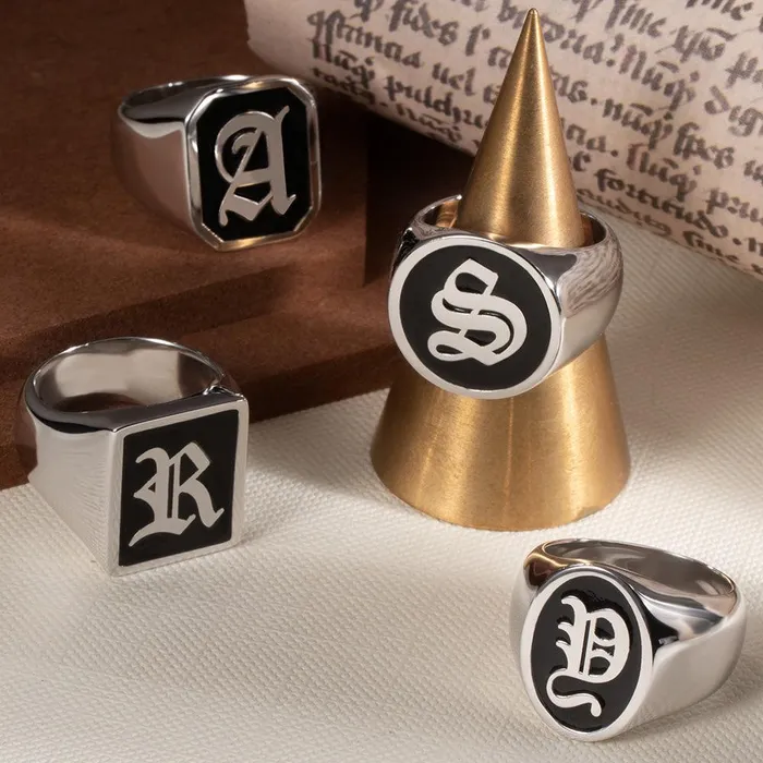 Custom Initial Signet Ring Sterling Silver Unisex Letter Ring Gothic Initial Jewelry Choose Shape Round Rectangle Octagon Oval Belbren Rings