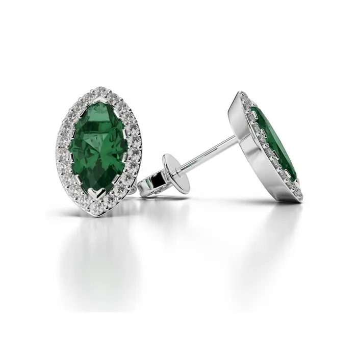 Earrings GB 345 Ct Green Emerald With Natural Earth Mined Diamond Stud Halo Earring 14K White Gold