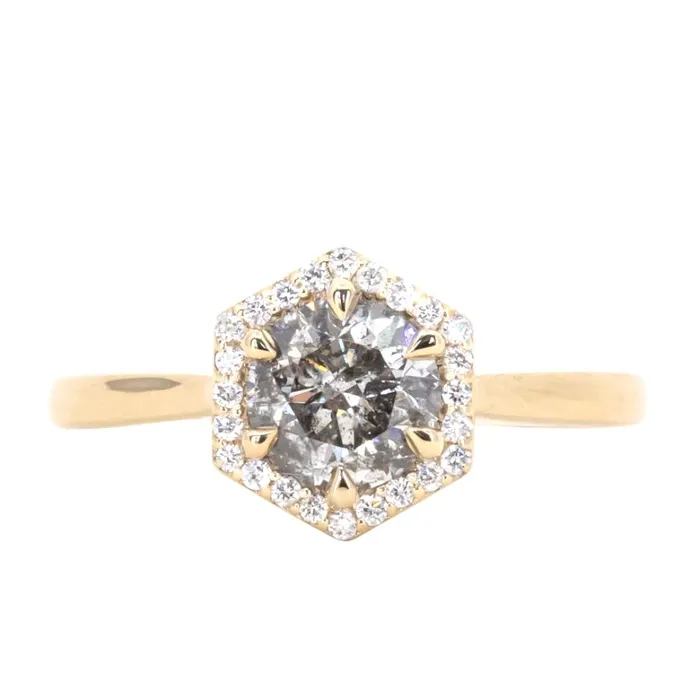 Fancy Diamonds Rings 102ct Salt and Pepper and White Diamond Hexagon Halo Ring in 14k Yellow Gold