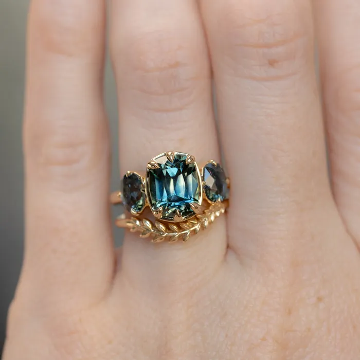 Rings Kory Pettit 322ct Elongated Cushion Cut Montana Sapphire Three Stone Ring in 18k Yellow Gold