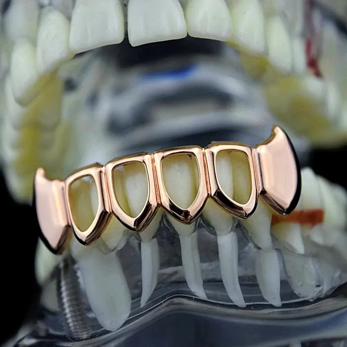 14K Rose Gold Plated Four Open Face Bottom Vampire Fangs Grillz Bling Cartel Admin Rings