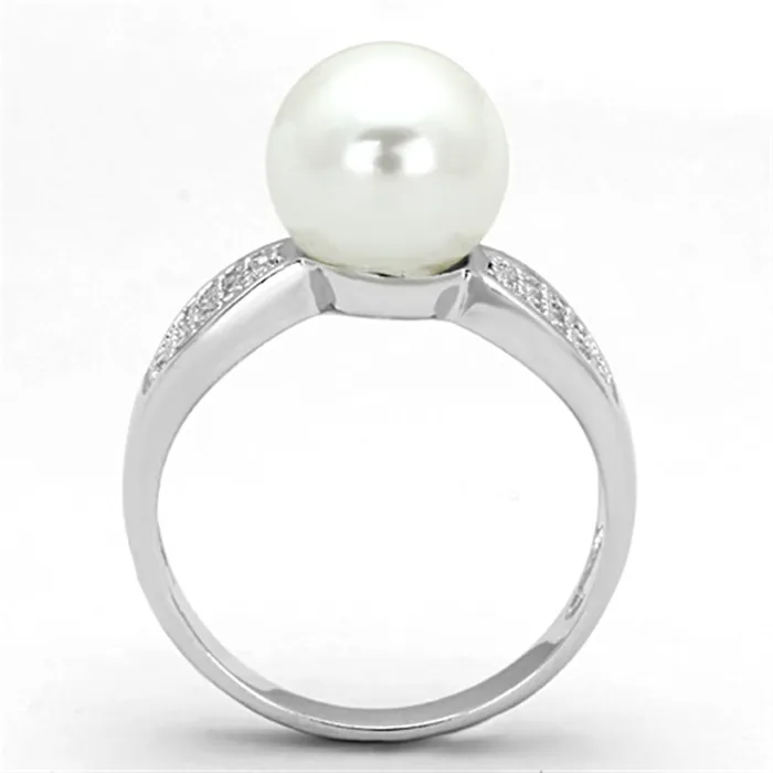 3W761 Rhodium Brass Ring with Synthetic Pearl in White Alamode Rings
