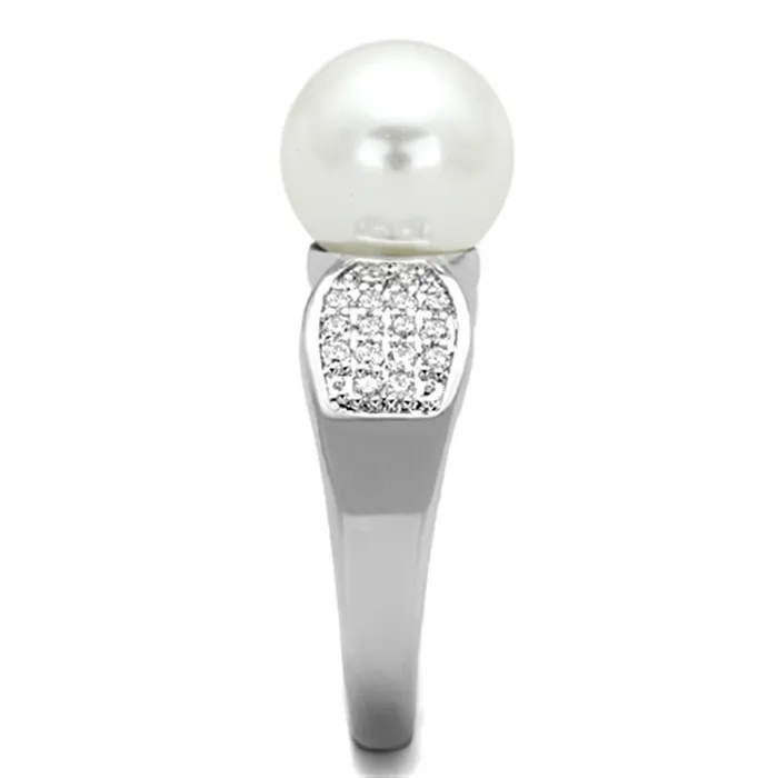 3W761 Rhodium Brass Ring with Synthetic Pearl in White Alamode Rings