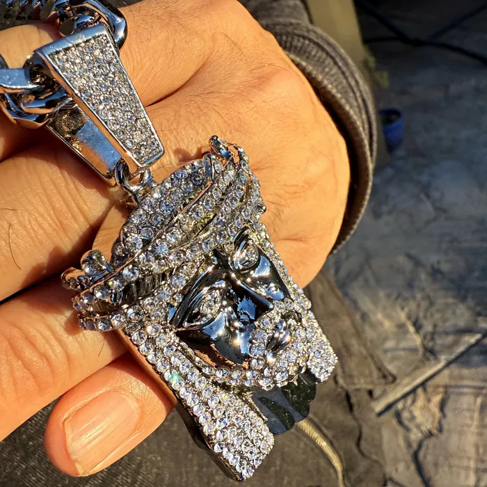 Bling Cartel Admin Necklaces Thorn Jesus Face Iced Pendant Silver Tone Cuban Link Necklace Chain 30