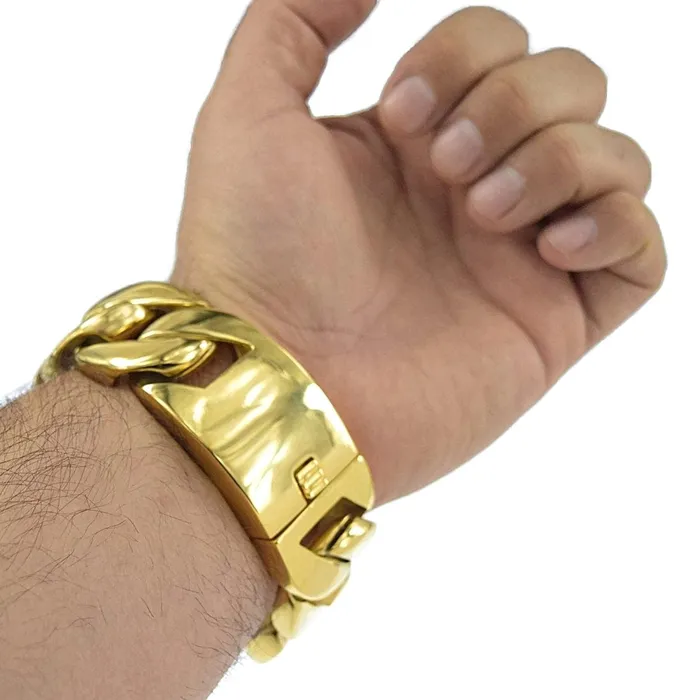 Bracelets Vivi Mens Huge Bracelet 316L Stainless Steel Cuban Gold Finish 85 x 30MM Bracelets Vivi Mens Huge Bracelet 316L Stainless Steel Cuban Gold Finish 85 x 30MM
