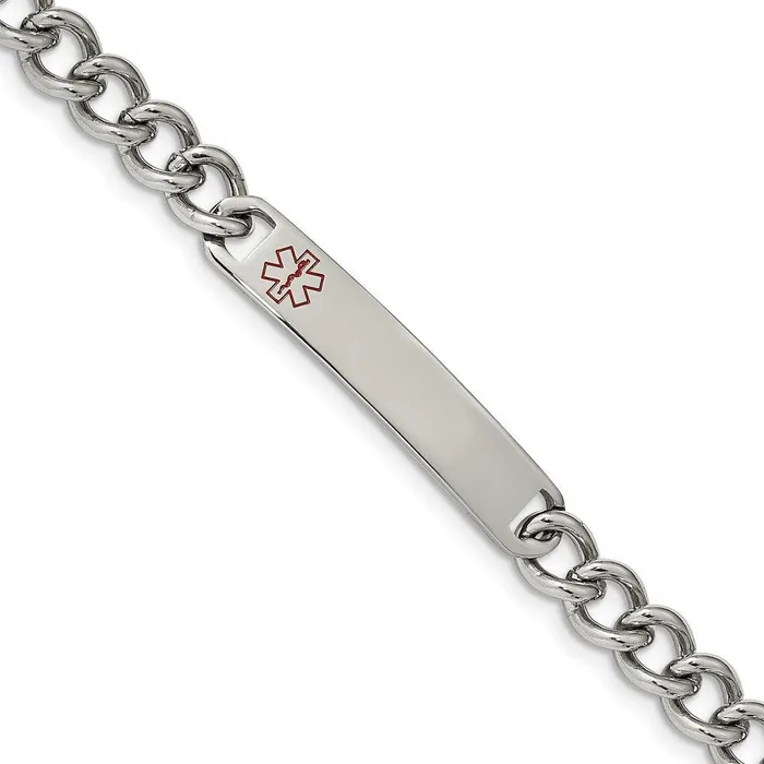 Chisel Stainless Steel Polished with Red Enamel 8in Medical ID Bracelet Bracelets