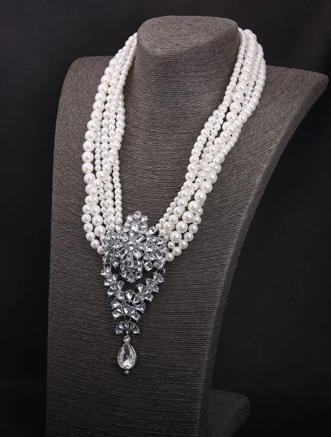Divine Inspiration Styles Necklaces BELLA Design Womens Luxury Style Fashion Vintage Flower Rhinestones Beads MultiLayer Pearl Necklace Jewelry