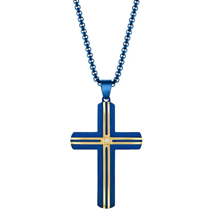 Mens Necklace Steel Blue and YG Plated Lined White CZ Cross SL7131 Classic Necklaces Mens Necklace Steel Blue and YG Plated Lined White CZ Cross SL7131 Classic Necklaces
