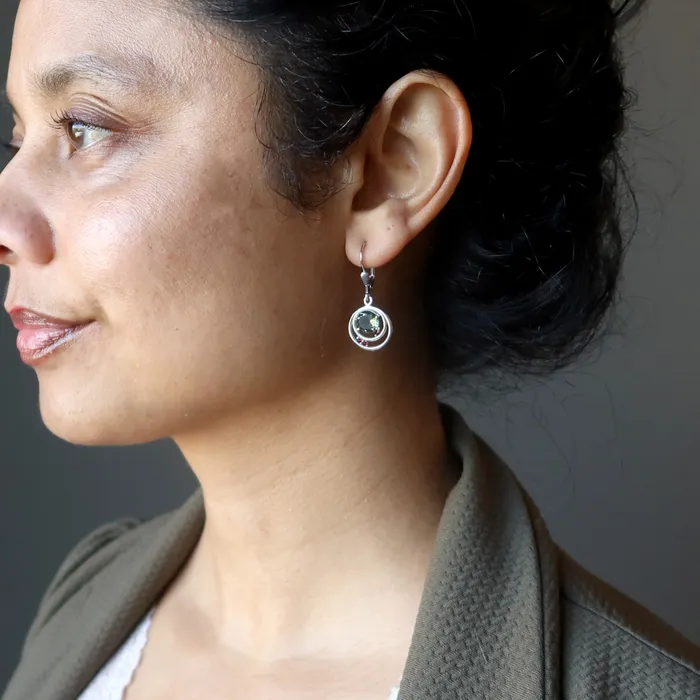 Moldavite Earrings Orbit of Love Garnet Gems Sterling Silver Satin Crystals Earrings