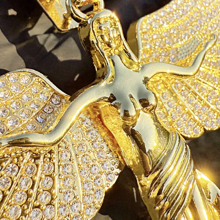 Necklaces Bling Cartel 14K Gold Plated Big Angel Wings Pendant CZ Chain Necklace 20