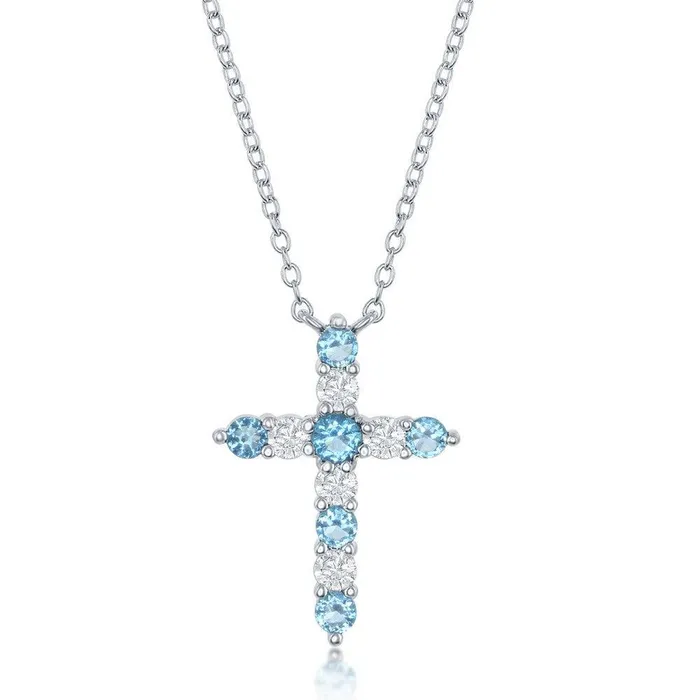 Necklaces Classic Sterling Silver Swiss Blue CZ December Birthstone Cross Necklace