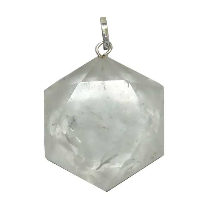 Necklaces Clear Quartz Pendant Hexagon Time Traveler Silver Satin Crystals