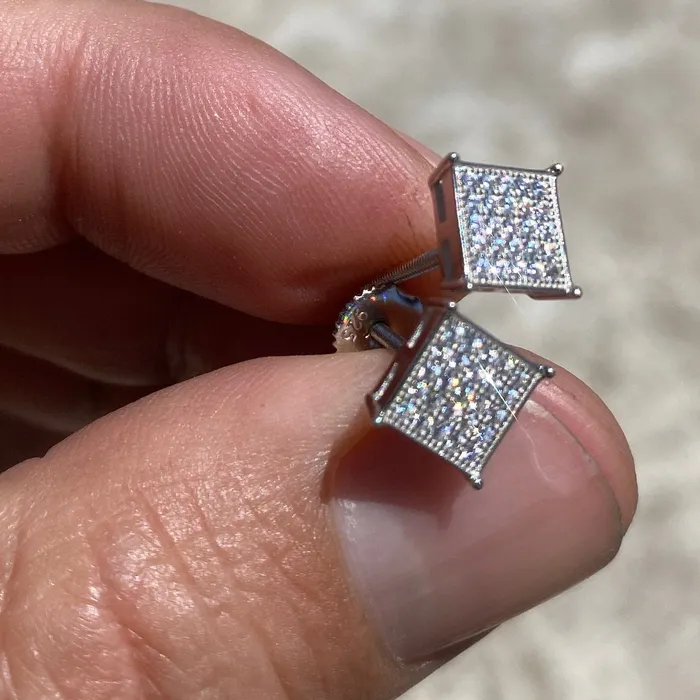 Real Solid 925 Silver Square Micro Pave Earrings Iced CZ 7 mm AMERICAN TIME Earrings