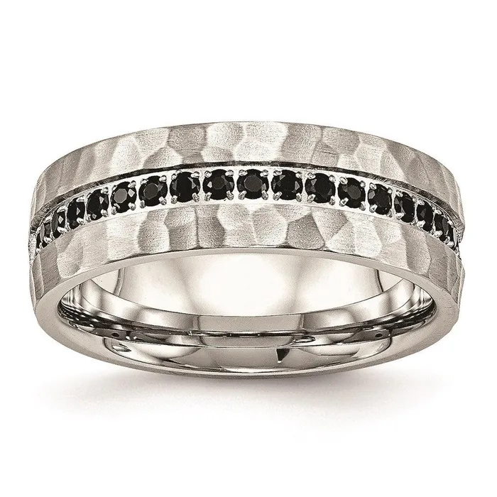 Stainless Steel Brushed and Polished Black CZ Hammered Ring Chisel Rings