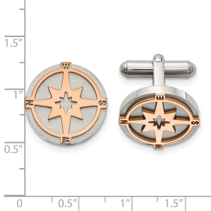 Stainless Steel Brushed and Polished Rose IPplated Compass Cufflinks Chisel Bracelets