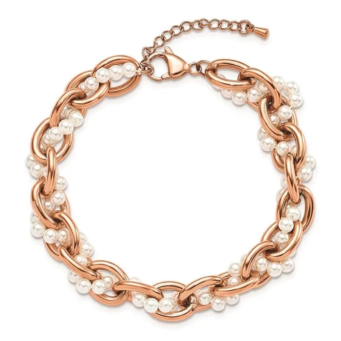 Stainless Steel Polished Rose IPPlated Faux Pearl w15in ext Bracelet Chisel Bracelets