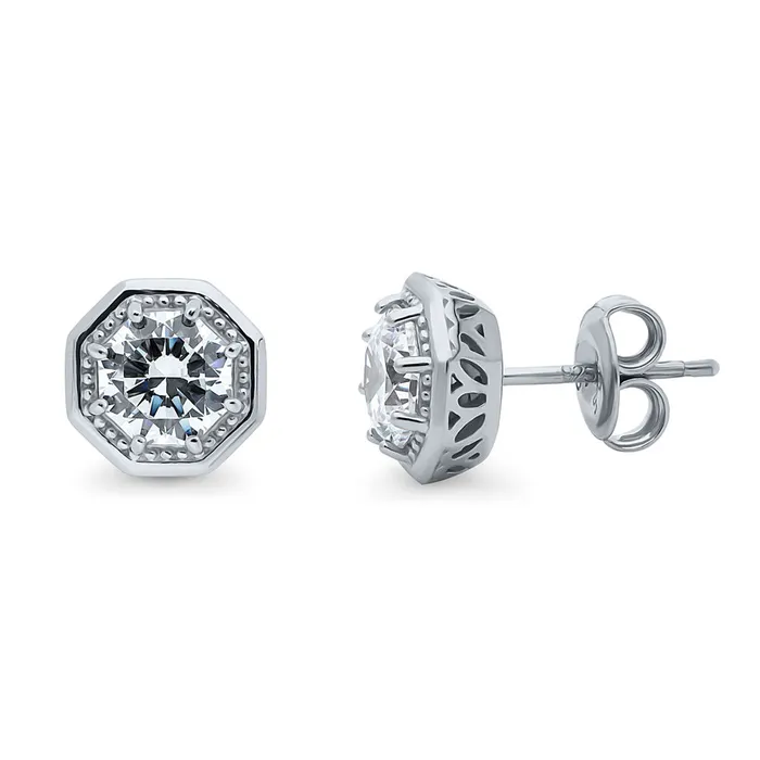 BERRICLE Earrings Art Deco Solitaire CZ Set in Sterling Silver
