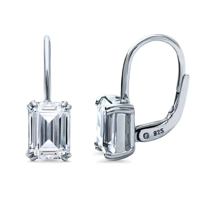 BERRICLE Earrings Solitaire Emerald Cut CZ Earrings in Sterling Silver 2 Pairs