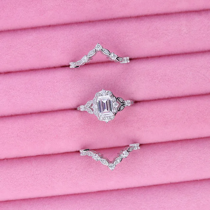 BERRICLE Rings Halo Wishbone Emerald Cut CZ Ring Set in Sterling Silver