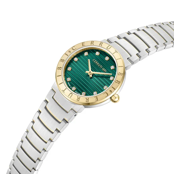 Bracelets Cerruti Cerruti 1881 Filiano Ladies Green Dial Gold Bezel Silver Stainless Steel Bracelet Watch