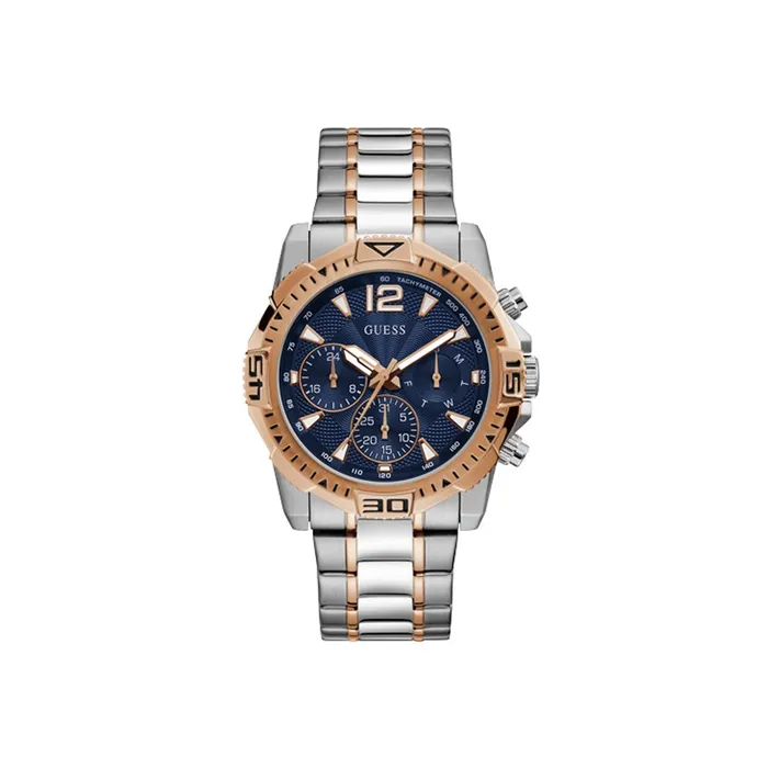 Bracelets Guess Guess Mens Tachymeter Watch Two Tone Rose GoldSilver Plated Case Bracelet With Sun Blue Dial
