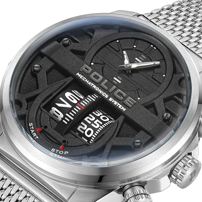 Bracelets Police Rotorcrom Gents Black Dial Stainless Steel Silver Watch Police