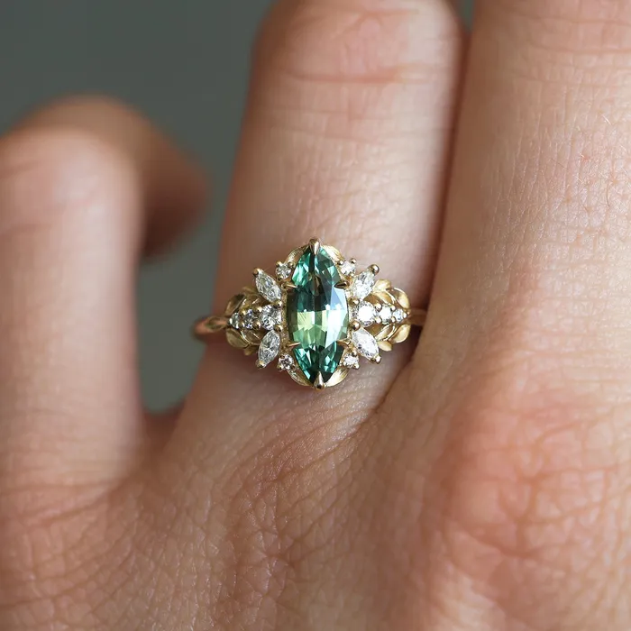 Bronte leaf sapphire and diamond engagement ring Capucinne Rings