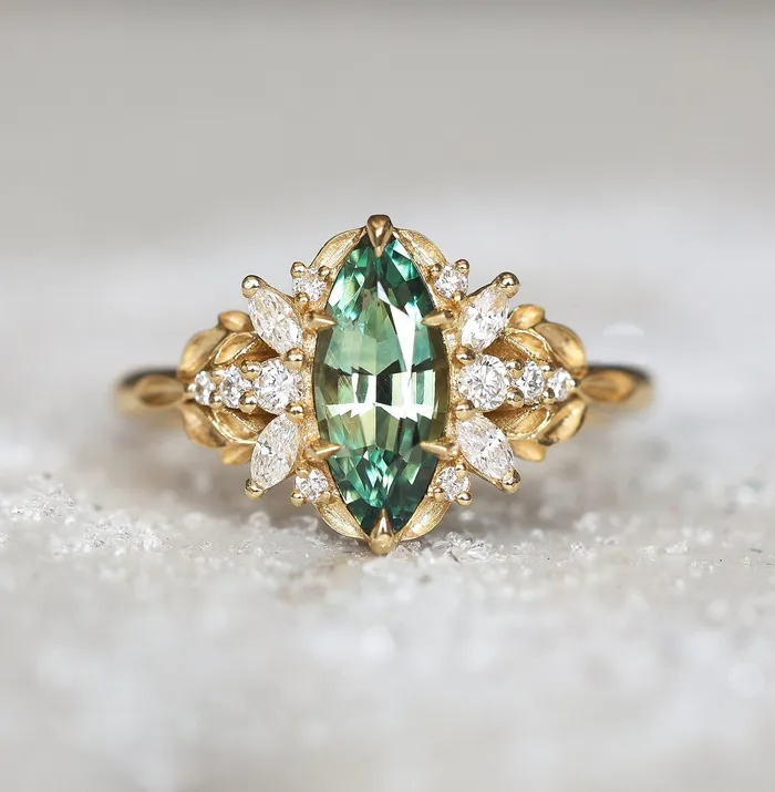 Bronte leaf sapphire and diamond engagement ring Capucinne Rings Bronte leaf sapphire and diamond engagement ring Capucinne Rings