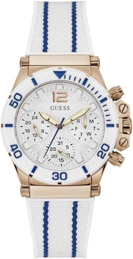 Guess CoPilot Ladies White Dial Rose Gold Case White With Blue Stripe Silicon Band Watch Guess Rings