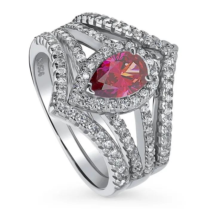 Halo Wishbone Red Pear CZ Split Shank Ring Set in Sterling Silver BERRICLE Rings