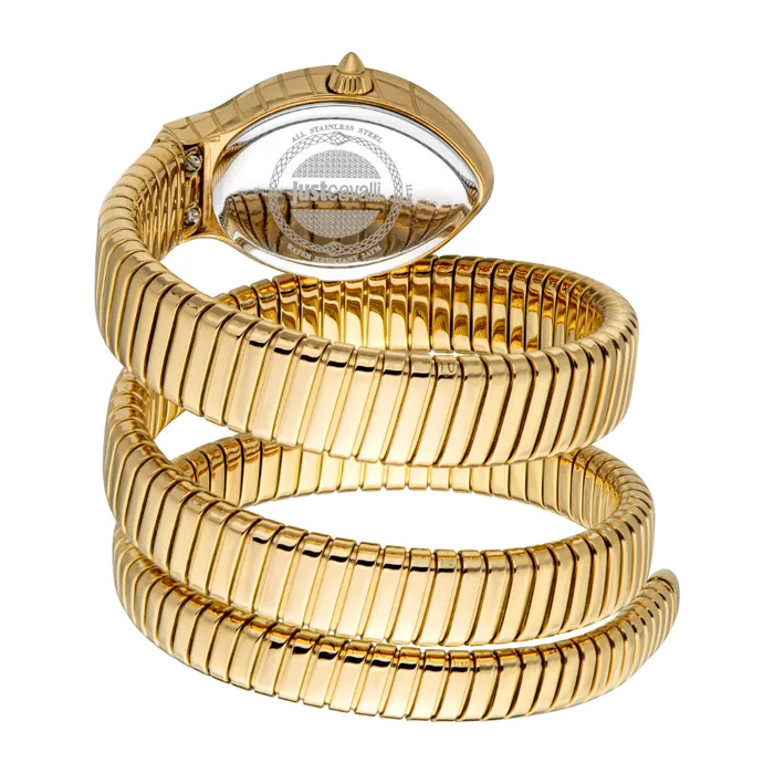 Just Cavalli Bracelets Just Cavalli Snake Shape Womens Watch Gold Color Case Silver Dial Gold Color Bracelet