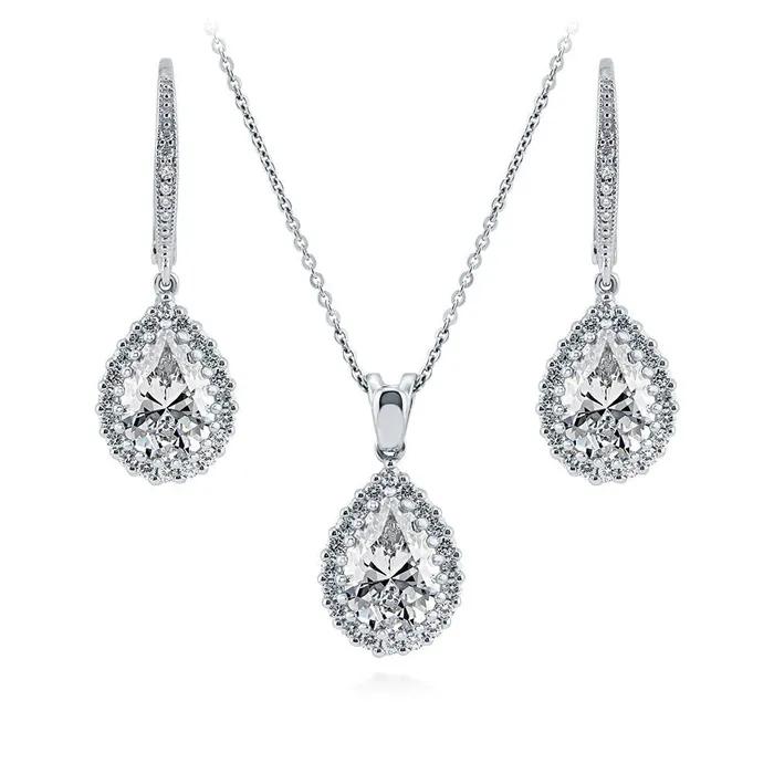 Necklaces Halo Pear CZ Necklace and Earrings in Sterling Silver BERRICLE