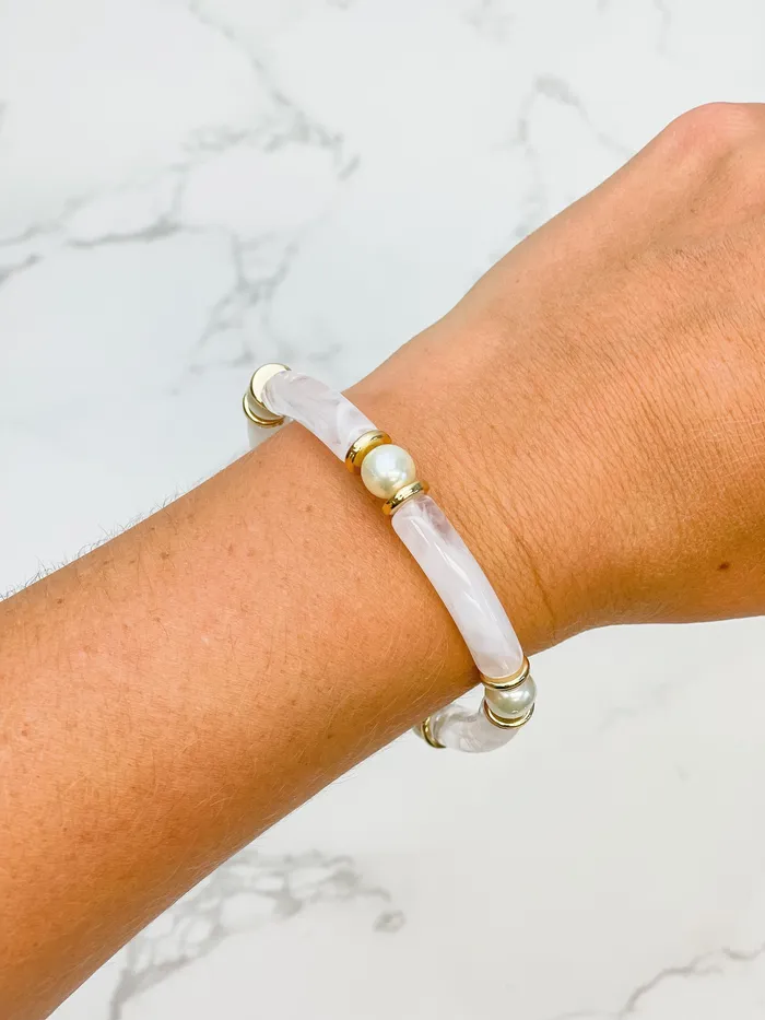 Pearl Beaded Acrylic Tube Bracelet White Prep Obsessed JM Bracelets