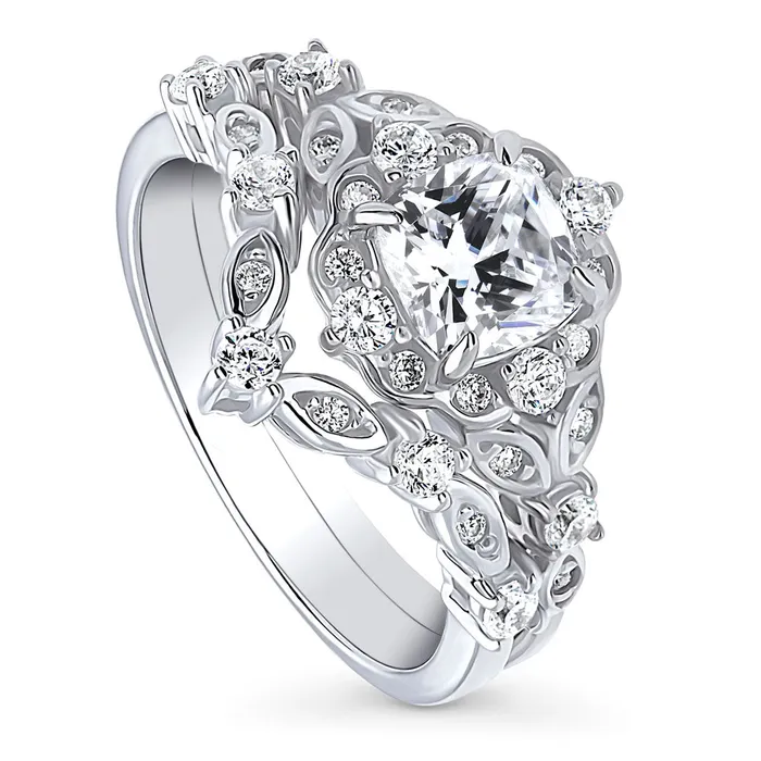 Rings BERRICLE Halo Wishbone Cushion CZ Ring Set in Sterling Silver